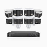 FDH600 - 6MP 8 Kanal PoE Panorama Überwachungskamera-Set mit 6 Bullet Kameras & 2 Turm Kameras, zwei Objektiven, 180° Ultraweitwinkel, f/1.2 Superblende, BSI-Sensor, integriertes Mikrofon, aktive Sirene und Alarm, Personen-und Fahrzeugerkennung